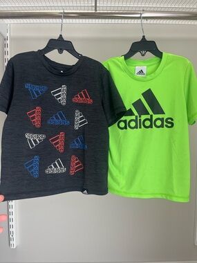 2, adidas Kids Short Sleeve Tees - Black Multi Logo & Neon Green